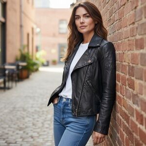 MIKE & CHRIS Black Leather Moto Jacket Coat